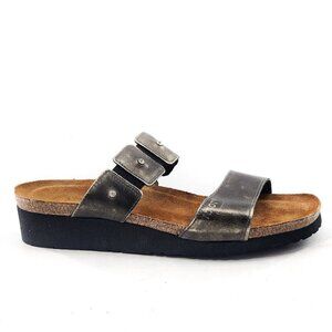 NAOT Ashley Silver Leather Rhinestones Low Wedge Slide Sandals